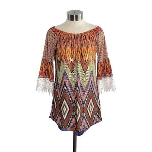 WinWin Boho Lace Trimmed Half Sleeve Colorful Geo Print Tunic Top Women's Sz S/M